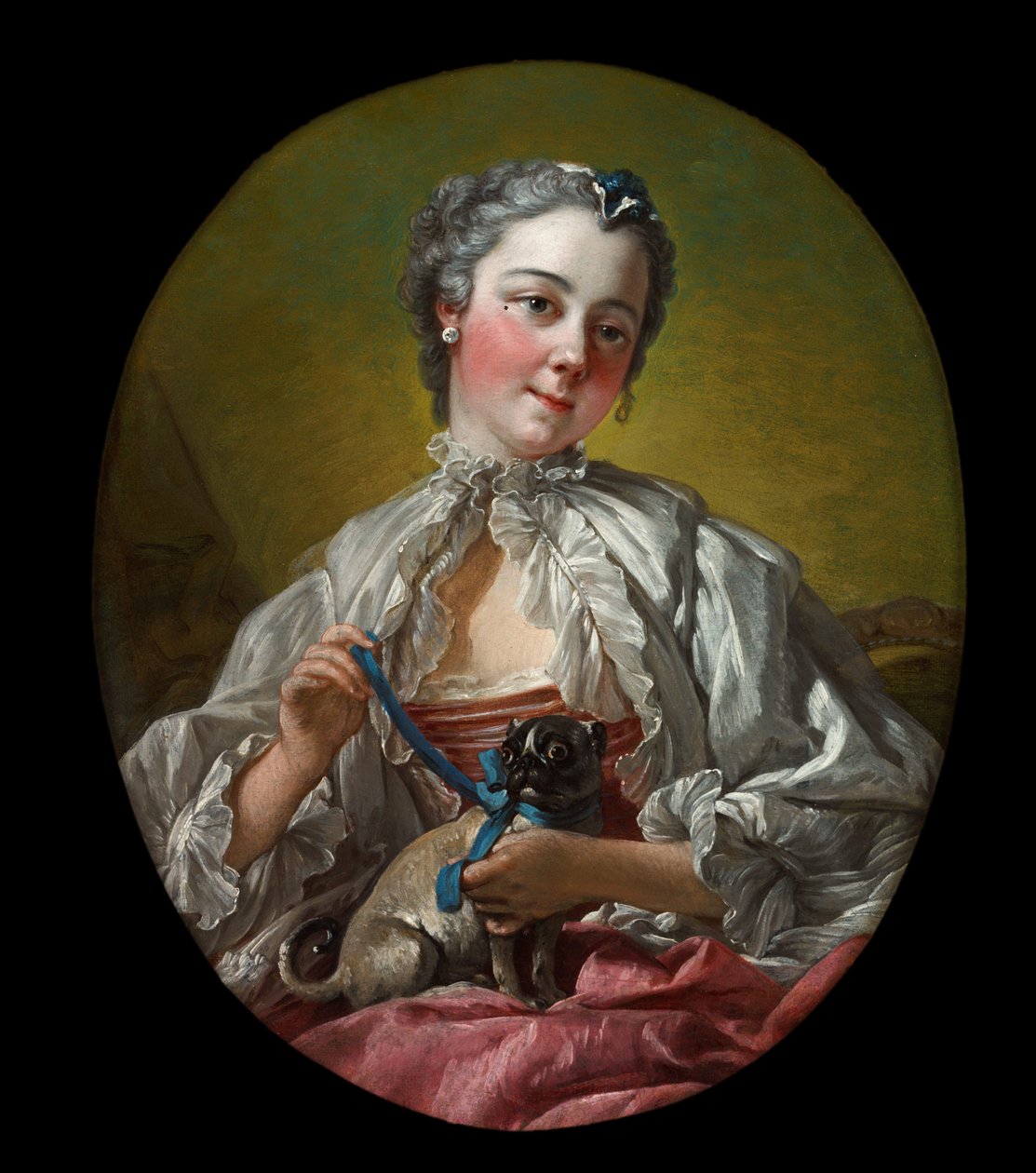 Nuori nainen, jolla on mopsi koira tekijältä François Boucher