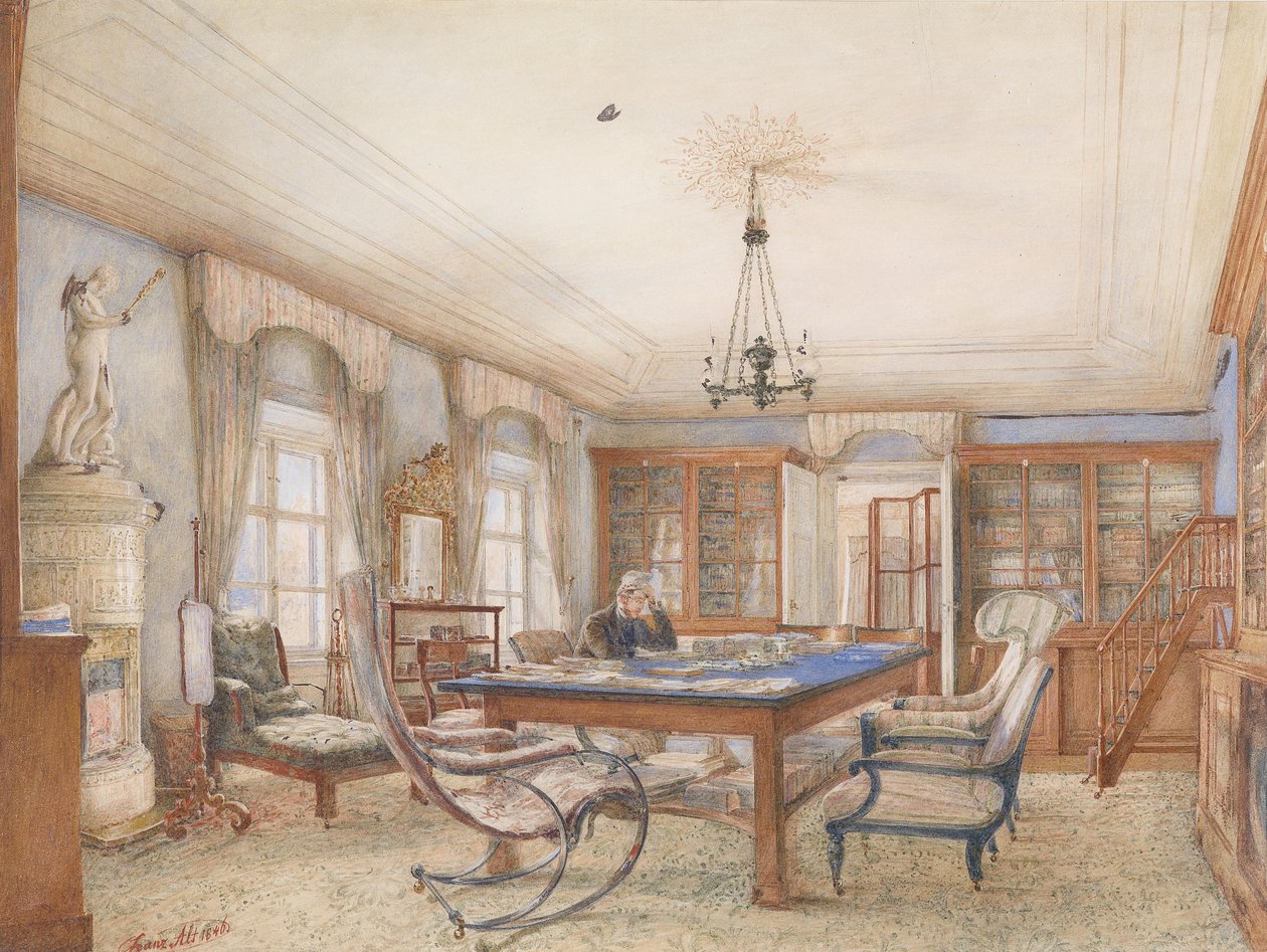 Biedermeierliches Interieur mit einem an einem Tisch sitzenden Mann tekijältä Franz Alt