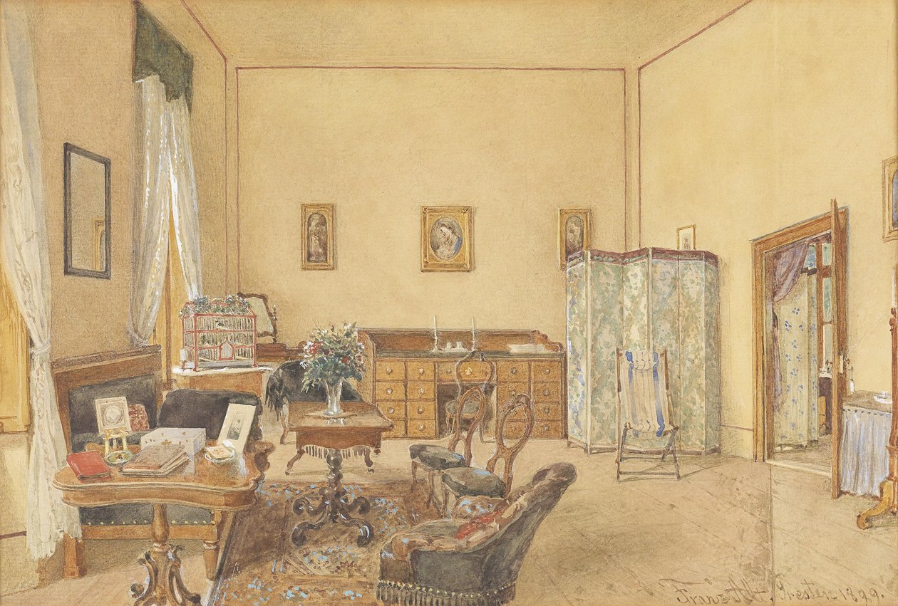 Interieur mit Vogelkafig und Strandstuhl tekijältä Franz Alt