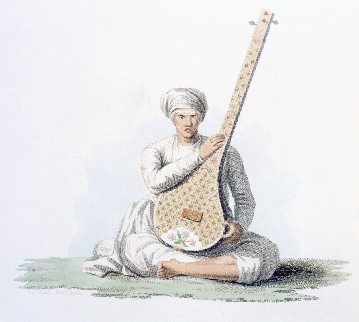 Tumboora, ylempien kastien soittama soitin, E. Ormen teoksesta "Costumes of India", 1804 (värillinen etsaus). tekijältä Franz Balthazar Solvyns
