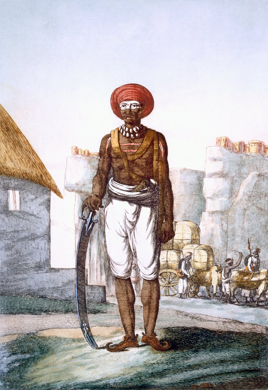 Brijbasis-heimon aseistettu vartija, jota matkustajat usein käyttivät saattajina, teoksesta "The Hindus, or the Description of their Manners, Customs and Ceremonies", n. 1808-12 (käsin väritetty kaiverrus). tekijältä Franz Balthazar Solvyns
