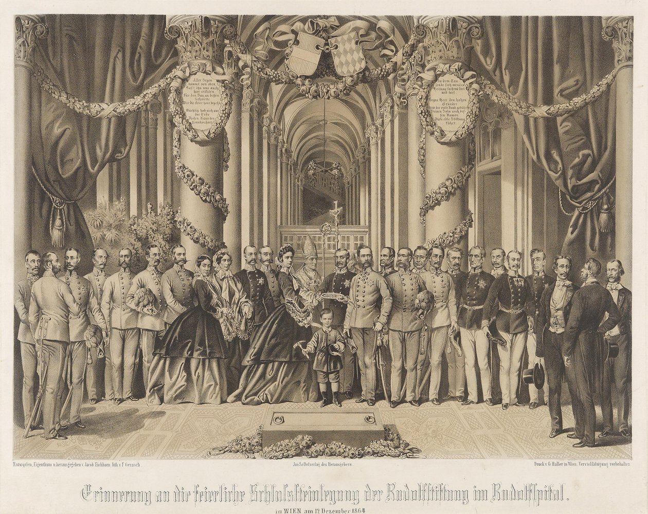 Erinnerung an die feierliche Schlußsteinlegung der Rudolfstiftung im Rudolfspital 1864 tekijältä Franz Gerasch