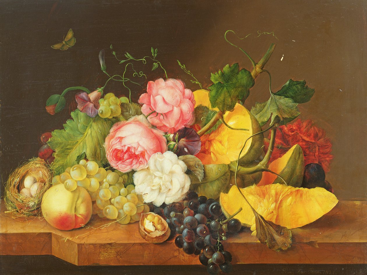 Asetelma kukkien ja hedelmien kanssa, 1821 tekijältä Franz Xavier Petter