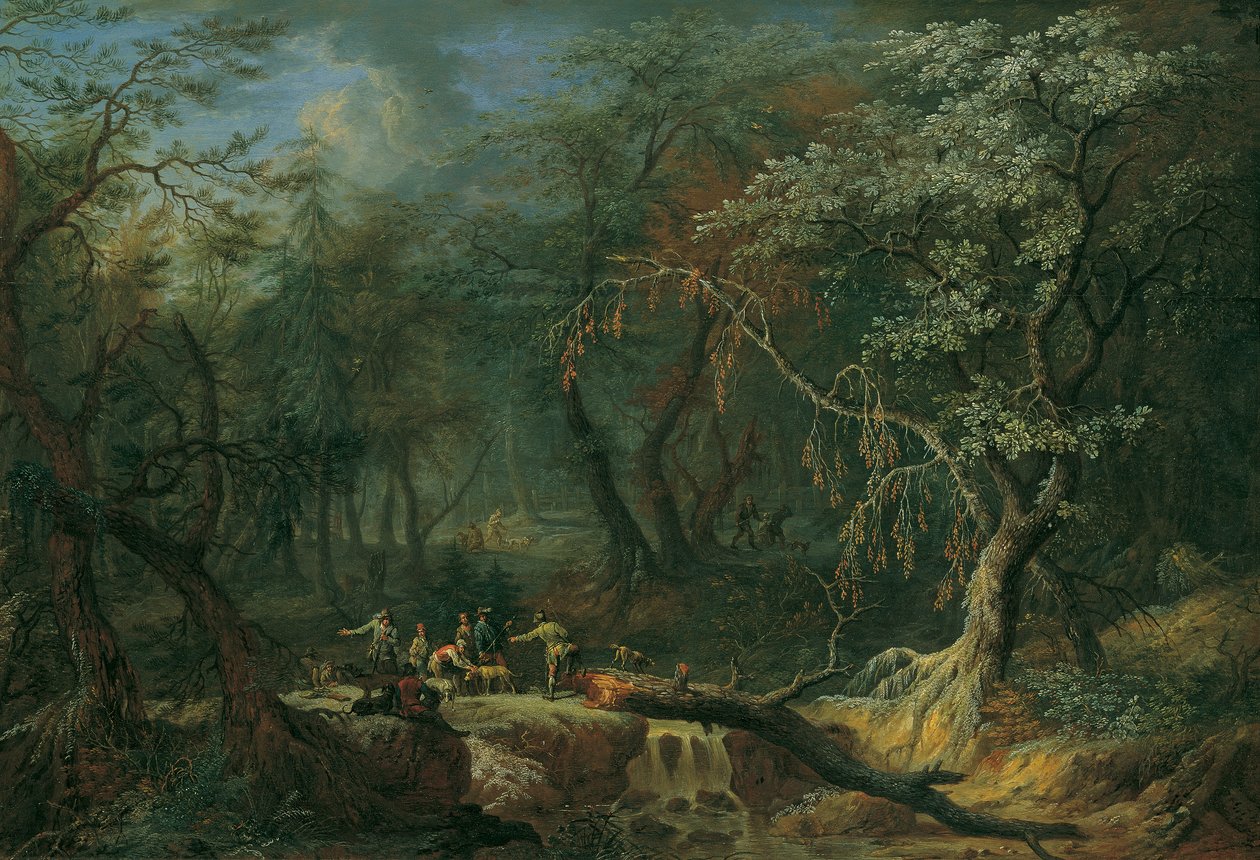 Metsämaisema, jossa kaatunut puu ja metsästäjät tekijältä Franz Christoph Janneck