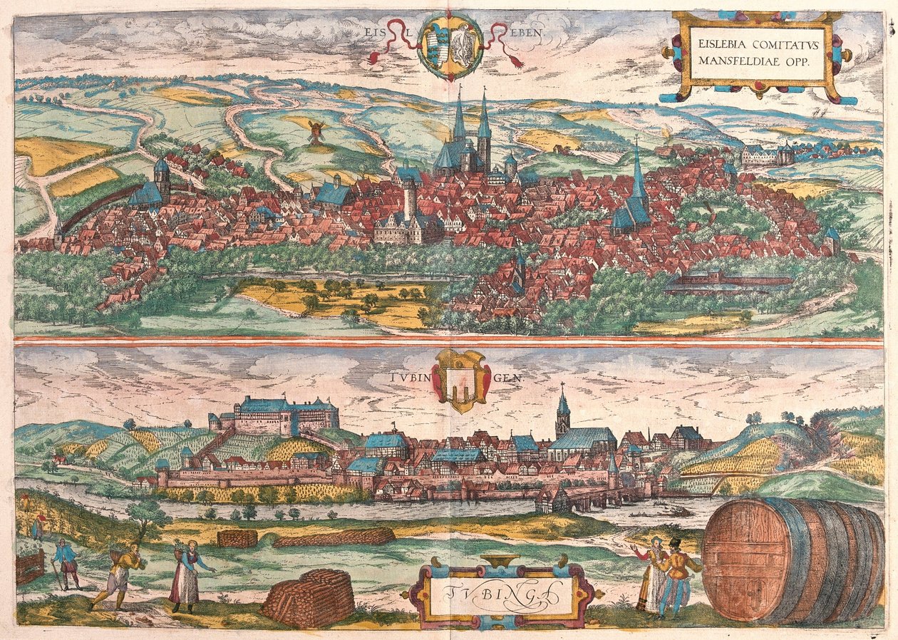 Eisleben ja Tubingen, Saksa (kaiverrus tekijältä Franz Hogenberg