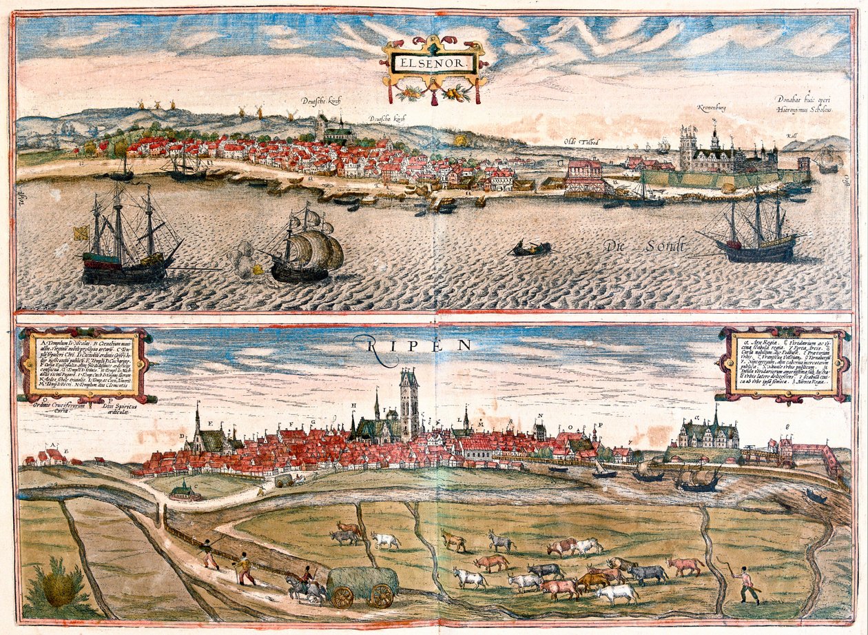 Helsingor ja Ribe, Tanska (kaiverrus tekijältä Franz Hogenberg