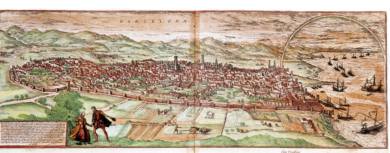 Barcelonan kartta - Espanja (kaiverrus tekijältä Franz Hogenberg