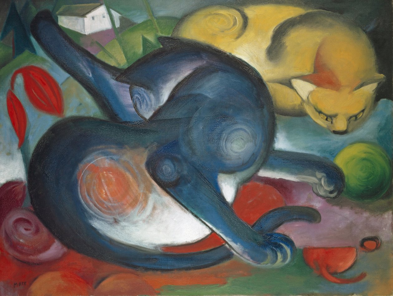 Kaksi kissaa, sininen ja keltainen, 1912. tekijältä Franz Marc