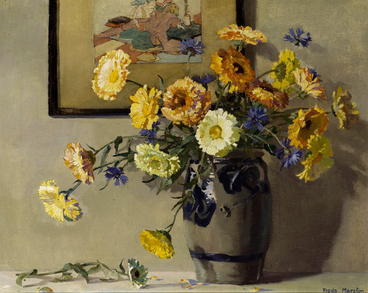 Marigolds, n. 1920 (öljy kankaalle) tekijältä Freda Marston