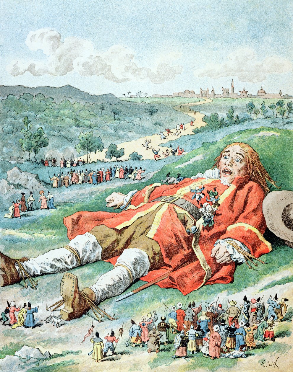 "Löysin käteni ja jalkani sidottuna maahan...", kuva Jonathan Swiftin (1667-1745) Les Voyages de Gulliverista tekijältä Frederic Theodore Lix