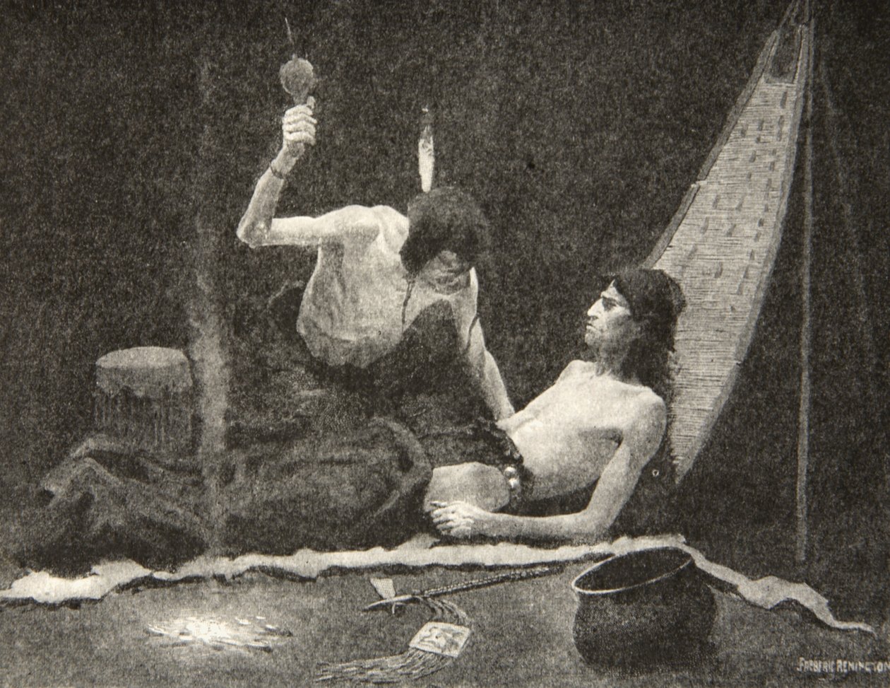 Voin puhaltaa sinut vahvasti, veljeni, voin parantaa sinut, Hiawatha!, Henry Wadsworth Longfellowin (1807-82) pubista The Song of Hiawatha. George G. Harrap und Company Ltd., 1911 tekijältä Frederic Remington