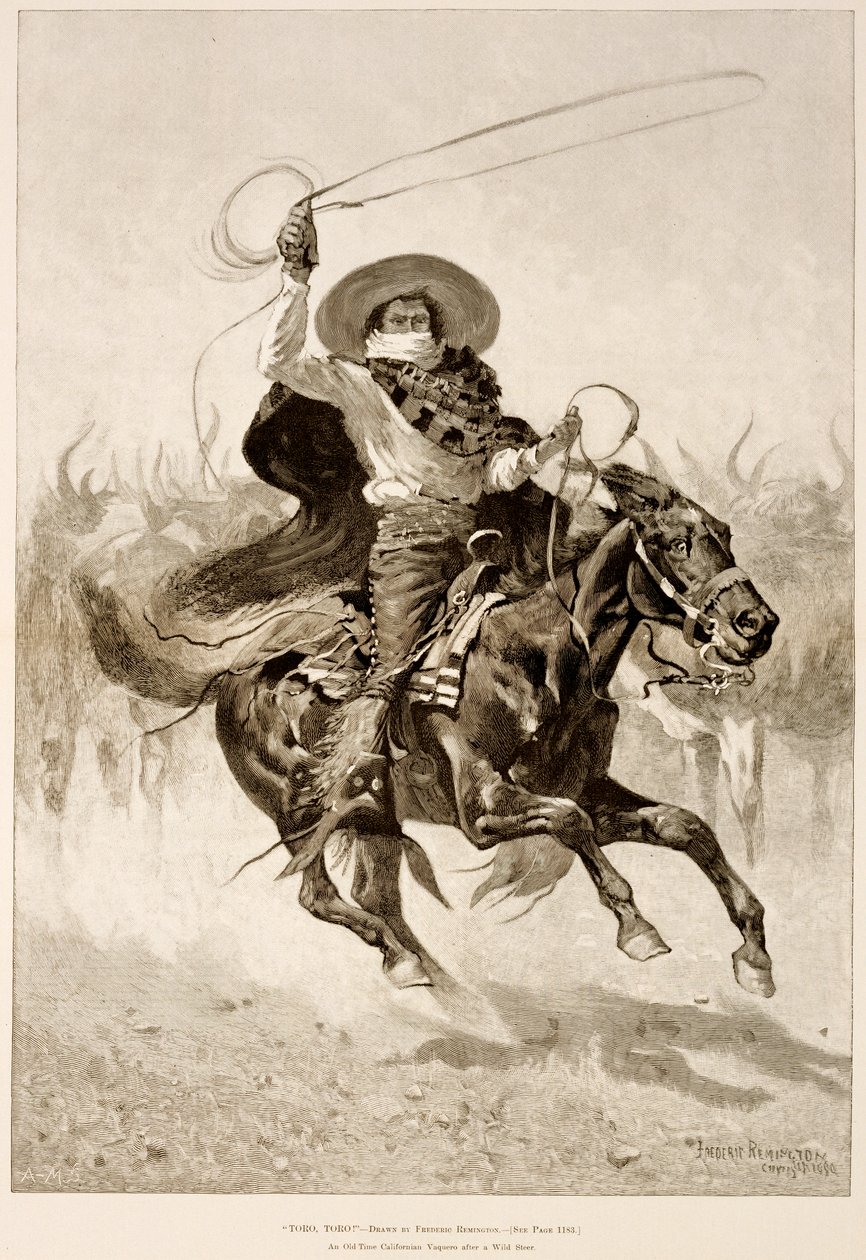 Toro, Toro!, vanhan ajan kalifornialainen Vaquero Wild Steerin jälkeen (puukaiverrus sanomalehtipaperille) tekijältä Frederic Remington
