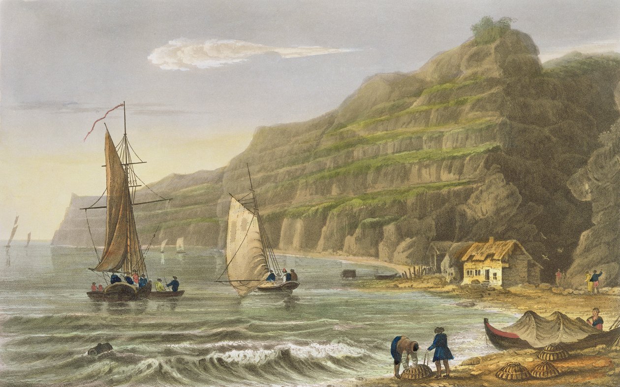 Shanklin Bay, teoksesta "The Isle of Wight Illustrated, in a Series of Colored Views", kaivertanut P. Roberts, julkaistu 1846 (akvatinta) tekijältä Frederick Calvert