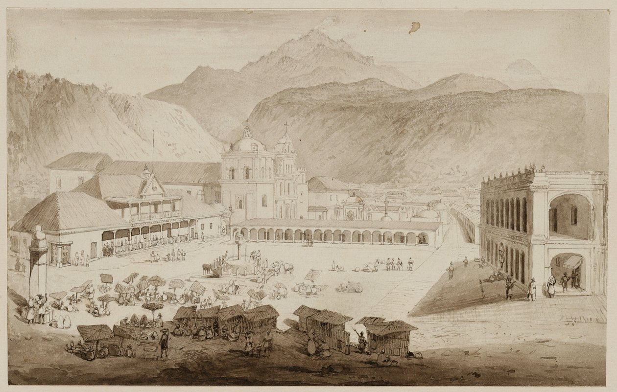 Quezaltenangon kaupunki, Keski-Amerikka, 1840 (kynä ja muste pesulla kermapaperilla) tekijältä Frederick Catherwood