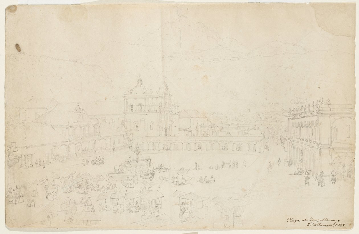 Plaza at Quezaltenango, 1840 (grafiitti kermanvärisellä paperilla) tekijältä Frederick Catherwood