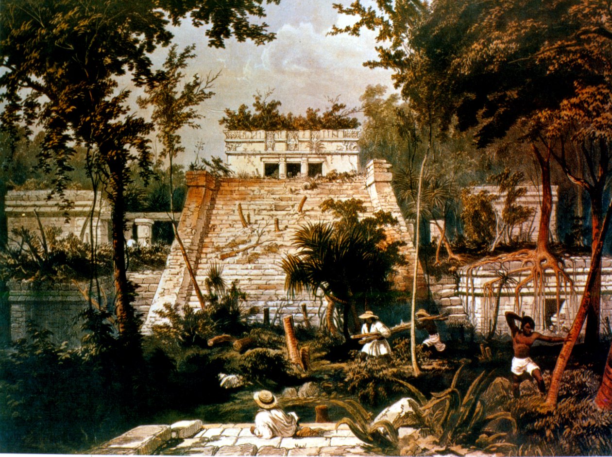 Temppeli ja pyramidi, Tulum, Yucatan, Meksiko, 1844 (värillinen lito) tekijältä Frederick Catherwood