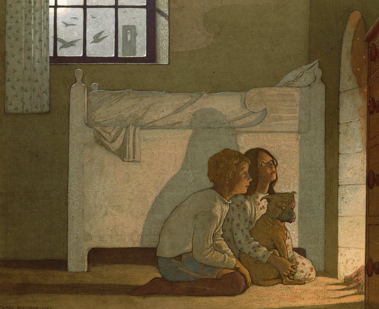 Kuvitus Maeterlinckin teokseen "Sinilintu": Lapset kertovat seikkailuistaan tekijältä Frederick Cayley Robinson