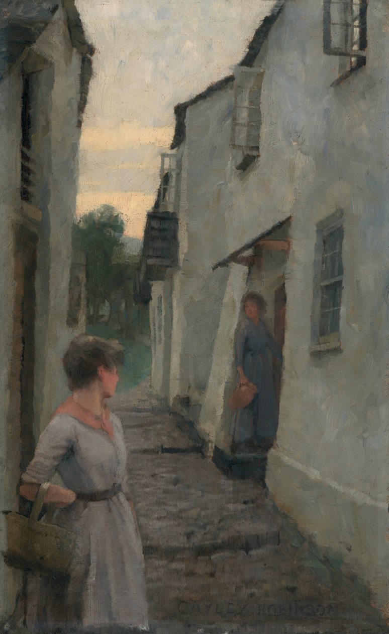 Katukohtaus ja hahmo, Cornwall (öljy maalaukselle) tekijältä Frederick Cayley Robinson