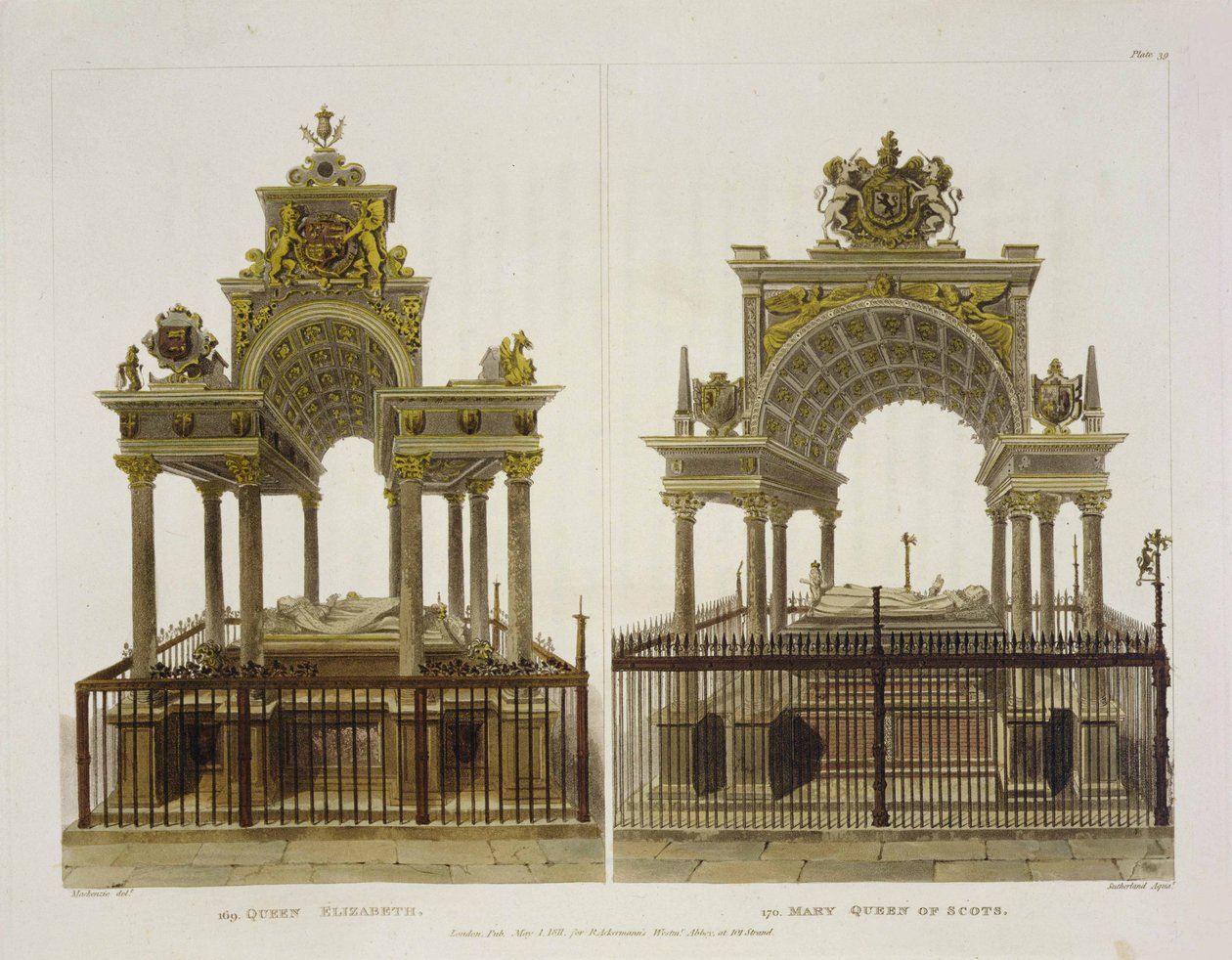 The Tombs of Queen Elizabeth I ja Mary Queen of Scots, levy 39 Westminster Abbeystä, kaiverrus Thomas Sutherland, pubi. kirjoittanut Rudolph Ackermann (1764-1834) 1811 (akvatinta) tekijältä Frederick Mackenzie