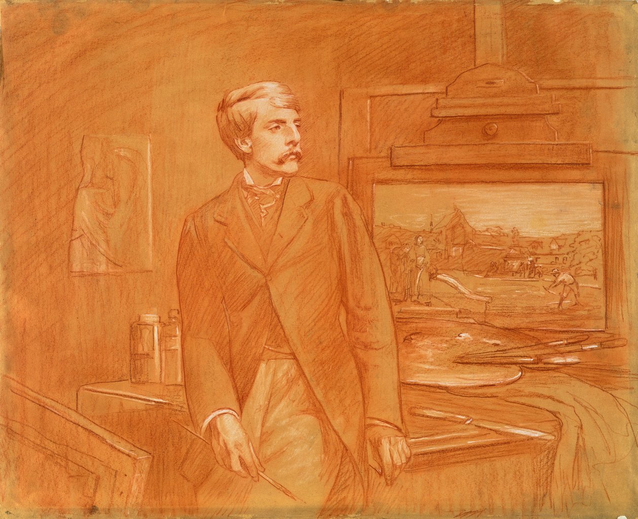 Omakuva (punainen liitu korotettu valkoisella paperilla) tekijältä Frederick Walker