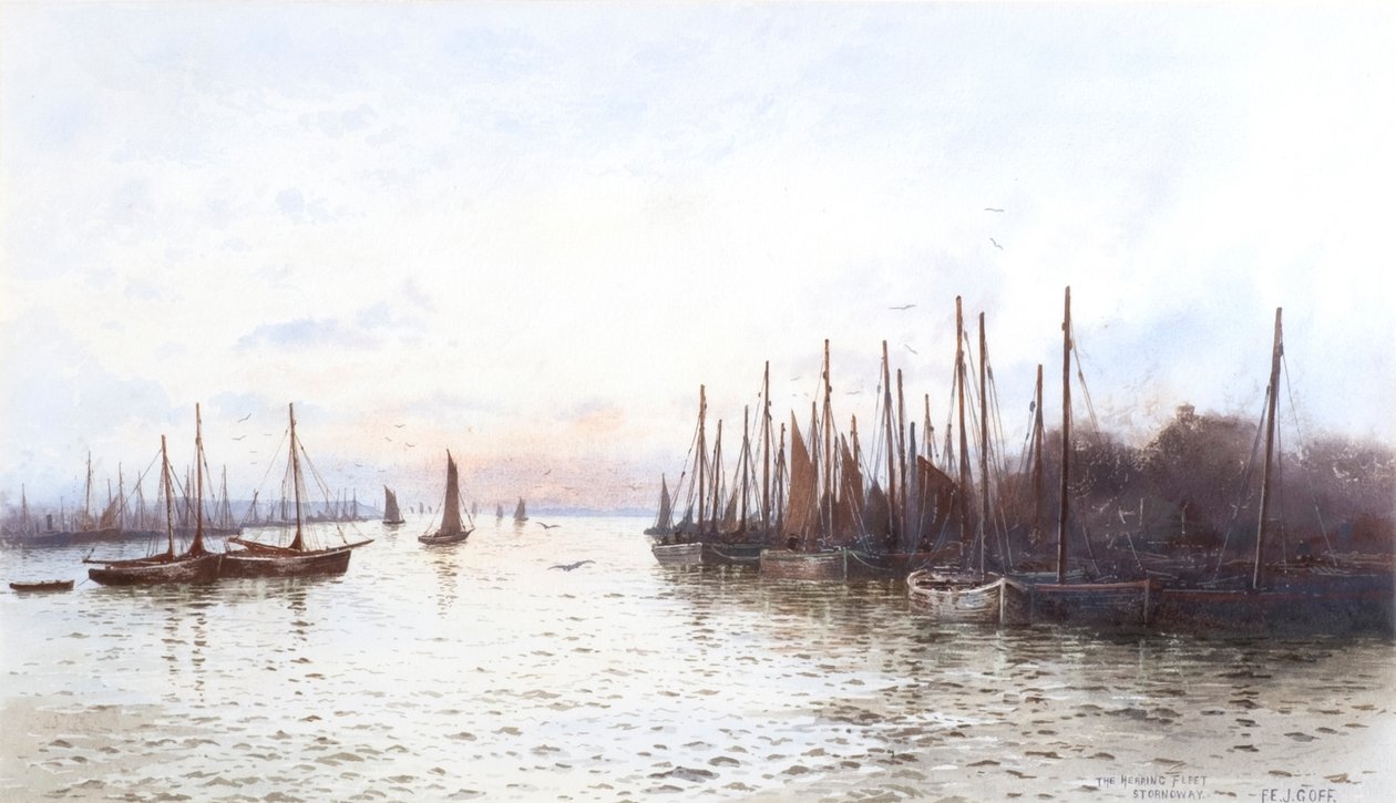 Silakkalaivasto, Stornoway (akvarelli) tekijältä Frederick E.J. Goff