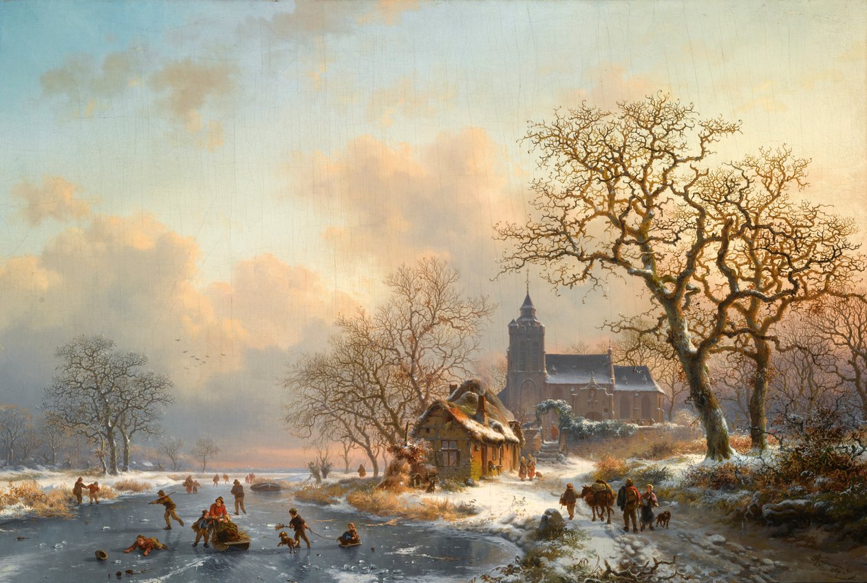 Een winterlandschap ja schaatsers op een bevroren rivier tekijältä Fredrik Marinus Kruseman