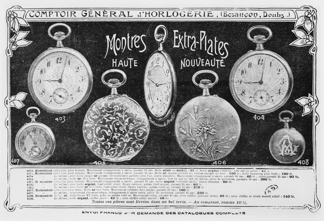 Fob-kellojen mainonta, Comptoir General dhorlogerie, n. 1900 tekijältä French Photographer