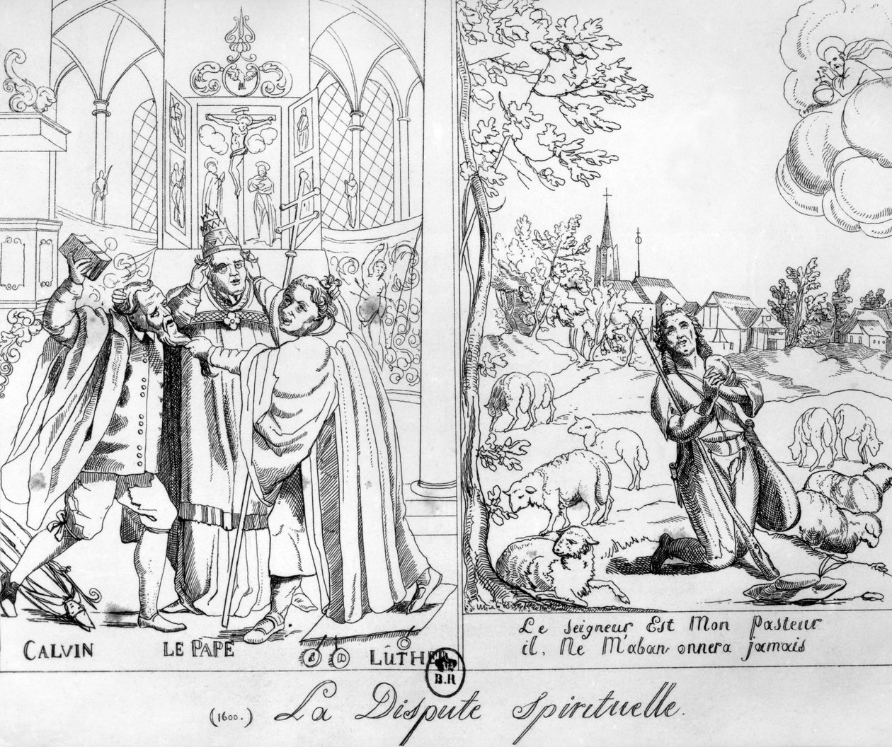 Karikatyyri, joka kuvaa hengellistä kiistaa paavi Leo X:n (1476-1521), Martin Lutherin (1483-1546) ja Johannes Calvinin (1509-64) välillä 1838 tekijältä French School