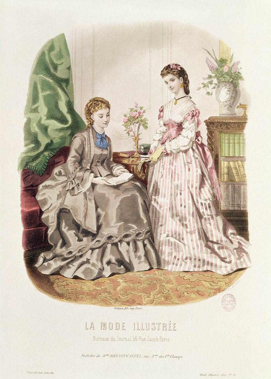 Muotikilpi, jossa on pallopukuja, kuvitus "La Mode Illustreesta", 1872 tekijältä French School