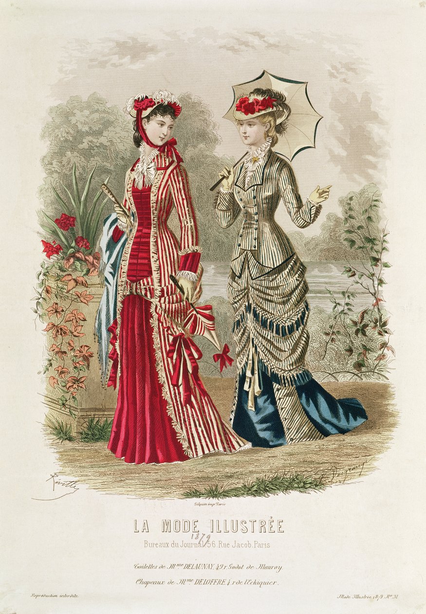Muotikilpi, jossa on hattuja ja mekkoja, kuvitus "La Mode Illustreesta", 1879 tekijältä French School