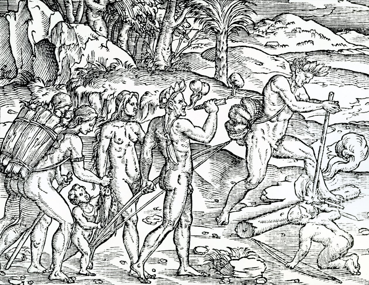 Kalastuskohtaus, Brasilia, kuvitus Singularities of France Antarktiquesta, Andre de Thevet, 1558 tekijältä French School