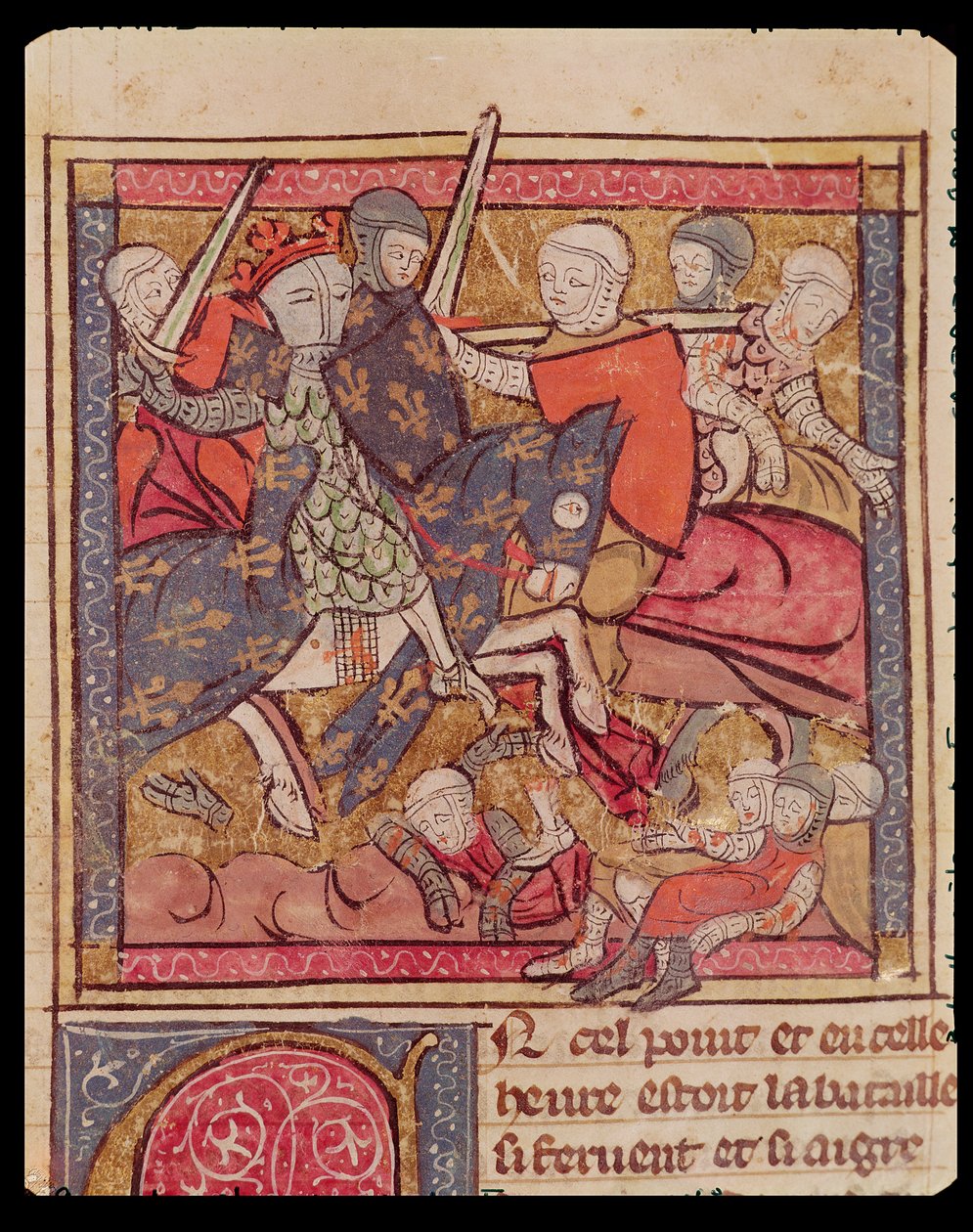 Fol.285r Portugalin Ferdinandin (1186-1233) vangitseminen Flanderin kreivin Bouvinesin taistelussa, 27. heinäkuuta 1214, Grandes Chroniques de Francesta, 1375-1379 tekijältä French School