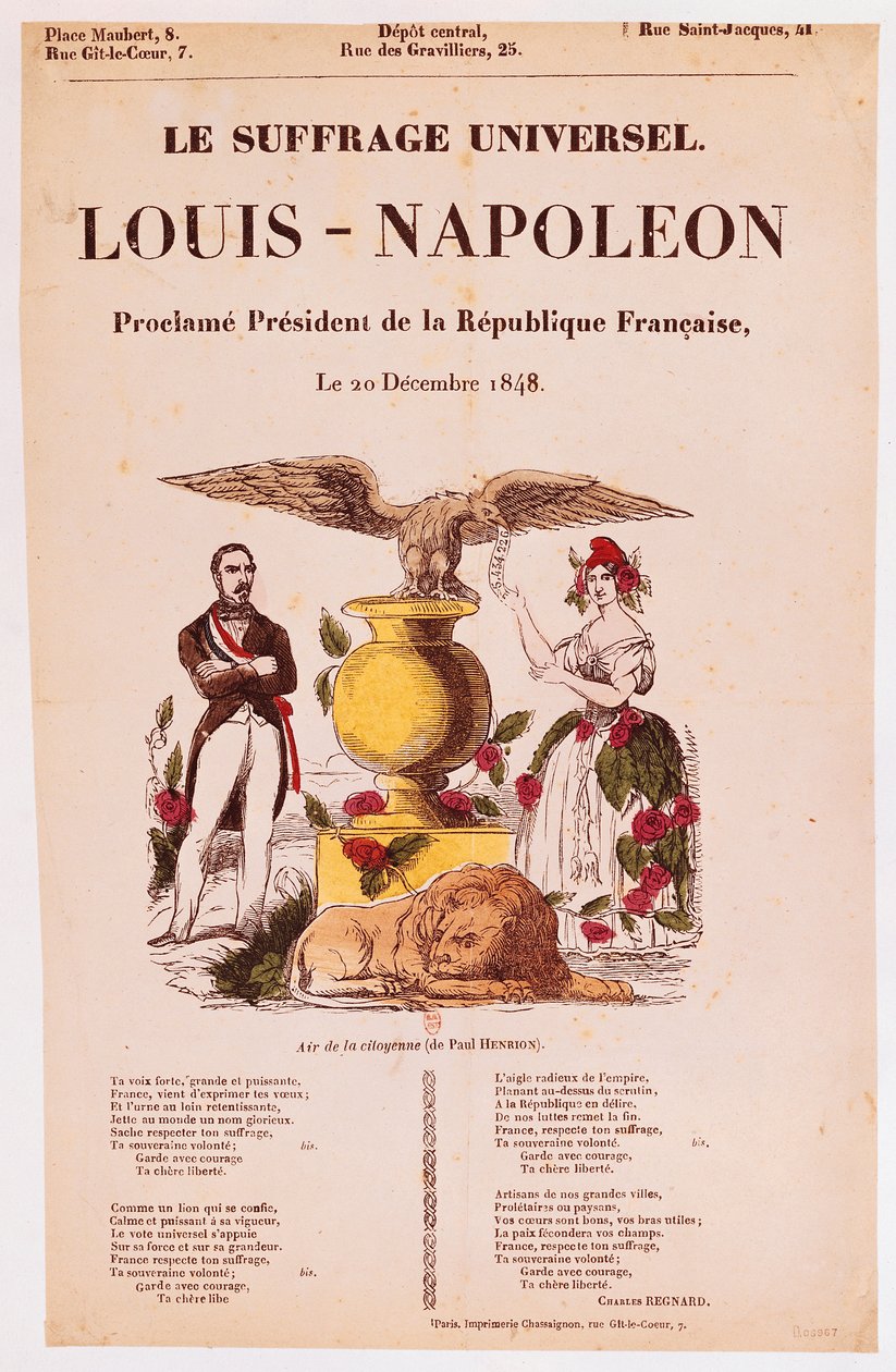 Kuvitettu lyriikkalevy teokselle "Le Suffrage Universel, Louis-Napoleon julistaa presidentiksi de la Republique francaise", 1848 (värillinen puupiirros) tekijältä French School