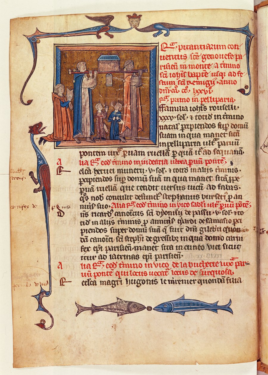 Ms 16261 fol.13v Pyhän Genevieven pyhäinjäännöksen kulkue Pariisin katujen läpi Censier de lAbbaye Sainte-Genevieven luota tekijältä French School