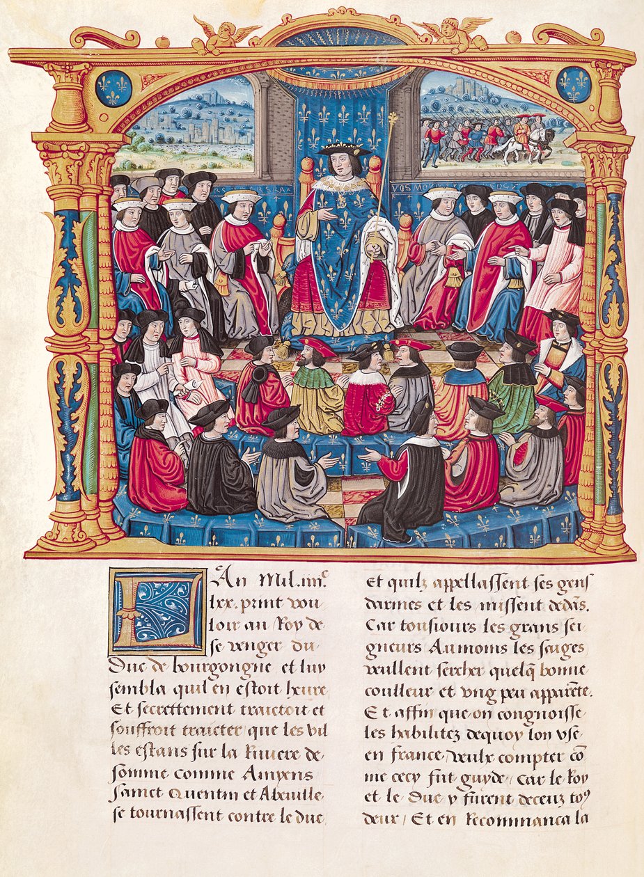 Ms 18 Fol.66v Louis XI aloittaa sodan Charles le Temerairea, Burgundin herttuaa vastaan Philippe of Comminesin muistelmista (1445-1509) tekijältä French School