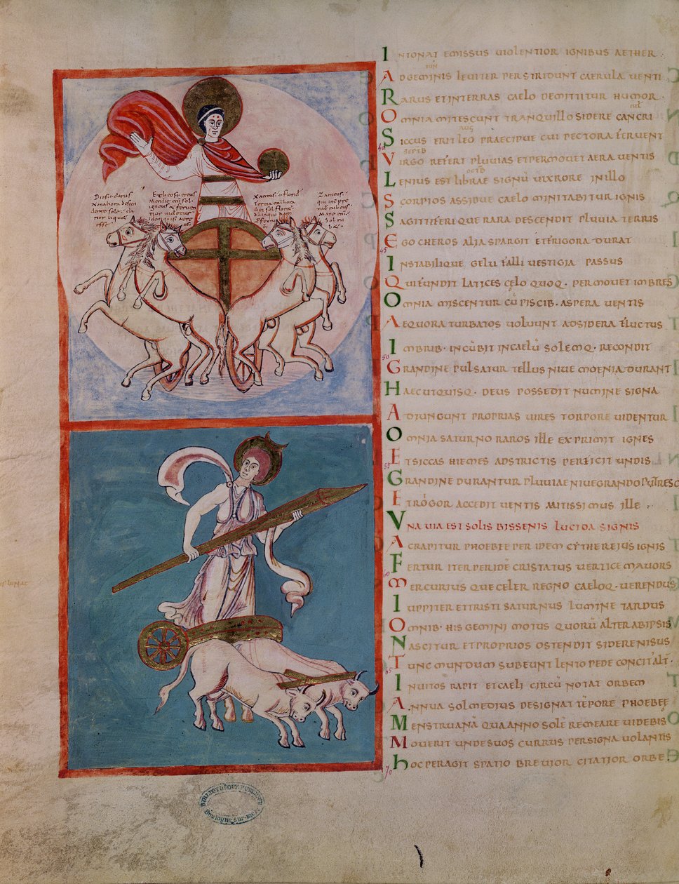 Ms 188 Fol.32v Apollo aurinkona ja Diana kuuna, kuvitus Aratosin (n. 315-240 eKr.) teoksesta "Les Phenomenes" n. 1000 tekijältä French School