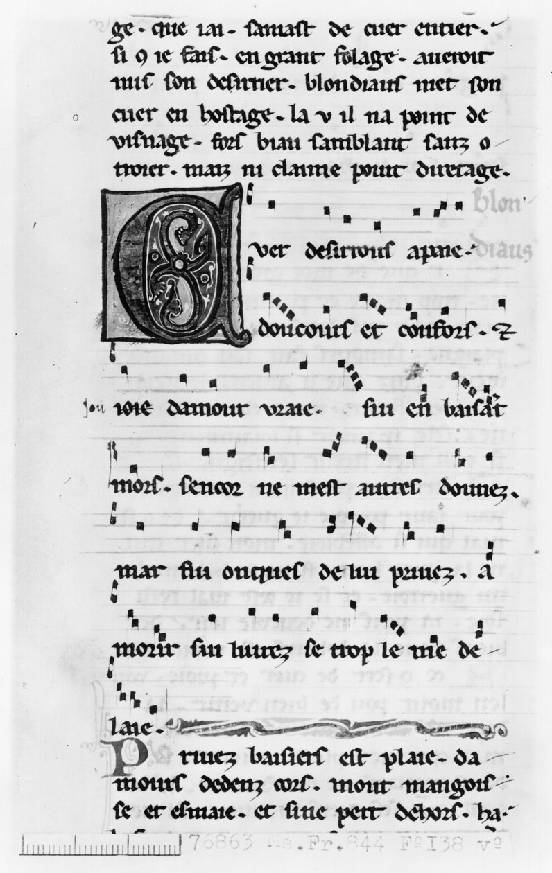 Blondel de Neslesin Ms.Fr 844 fol.138v laulu (1100-luvun loppu) tekijältä French School