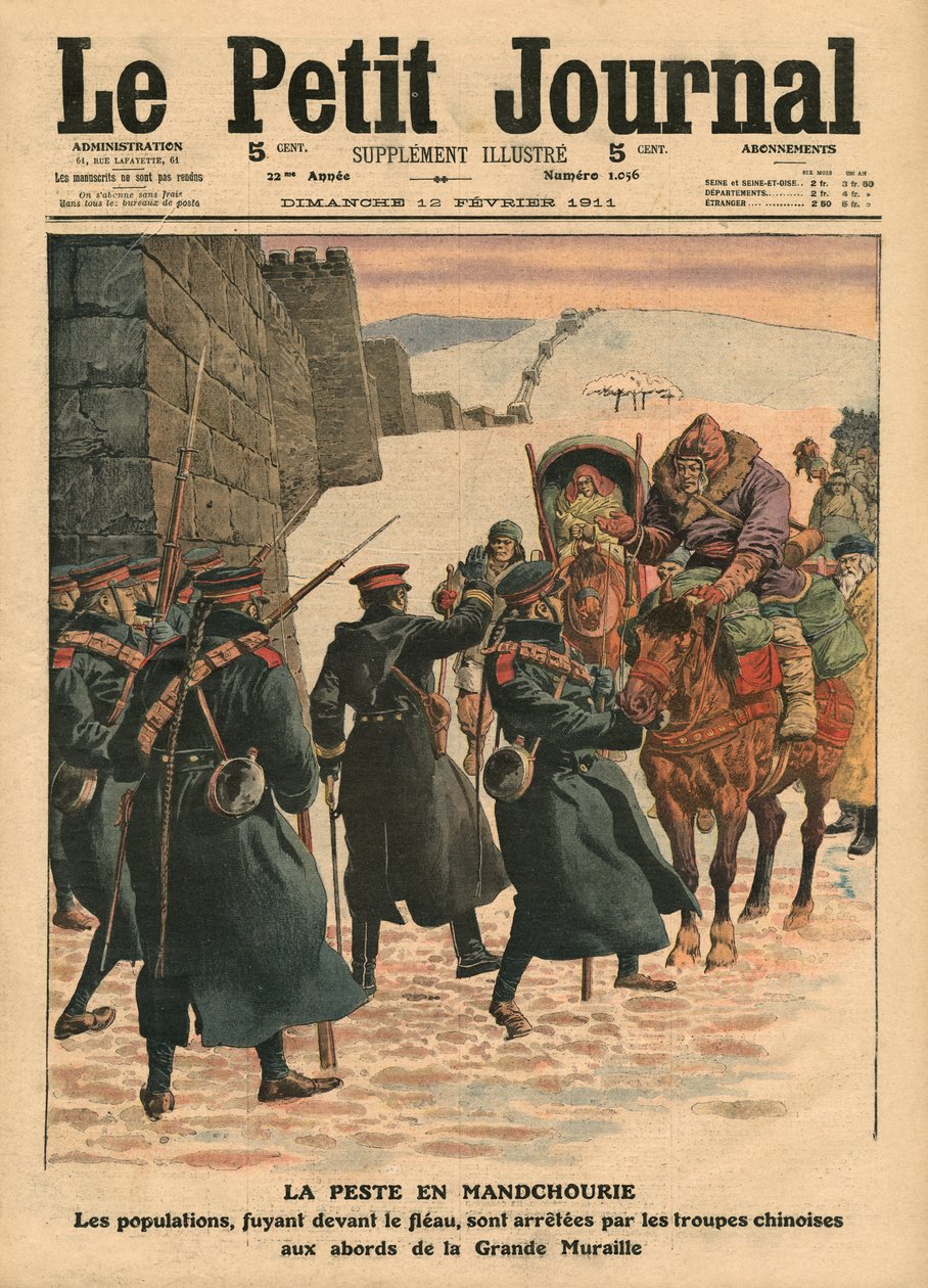 Rutto Mantsuriassa, kiinalaiset joukot pysäyttävät ruttoa pakenevat ihmiset ennen muuria, kuva Le Petit Journalista, 12. helmikuuta 1911 tekijältä French School