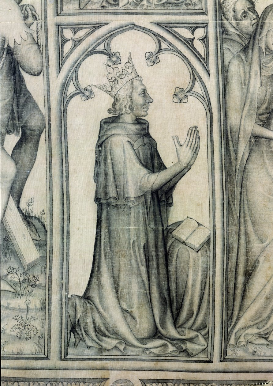 Narbonnen parementti, yksityiskohta Kaarle V:n (1338-80) rukoilemisesta, n. 1375 (grisaille silkillä) (yksityiskohta 83469) tekijältä French School
