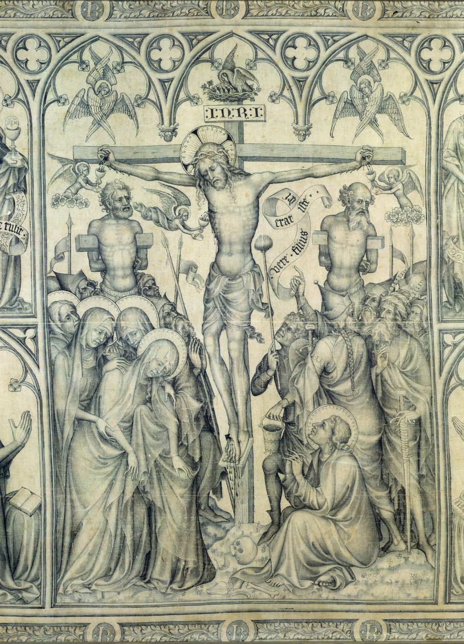 Narbonnen parementti, yksityiskohta ristiinnaulitsemisesta, n.1375 (grisaille, silkki) (yksityiskohta kuvasta 83469). tekijältä French School