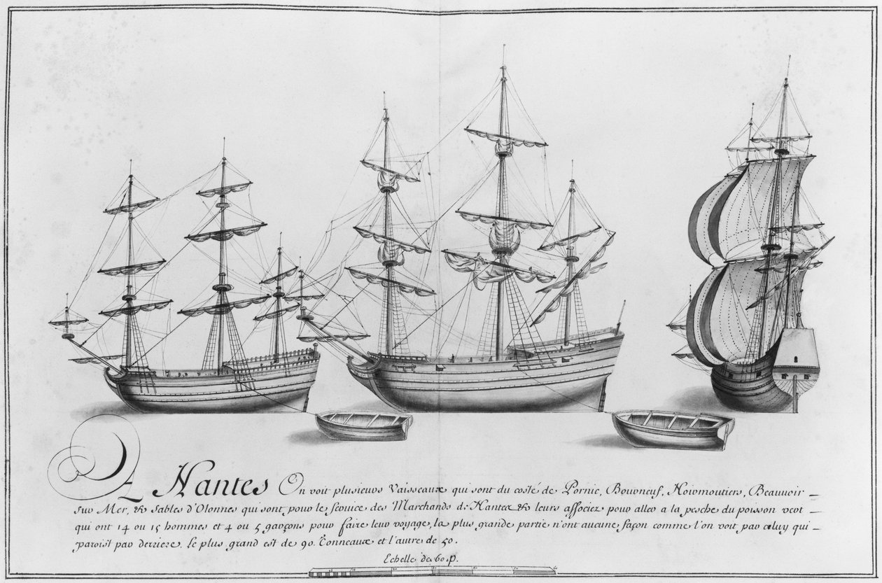 Alukset, Nantes, kuva teoksesta "Desseins des differentes manieres de ships ... from Nantes to Bayonne...", 1679 (kynä ja wc paperilla) (bw paper) tekijältä French School