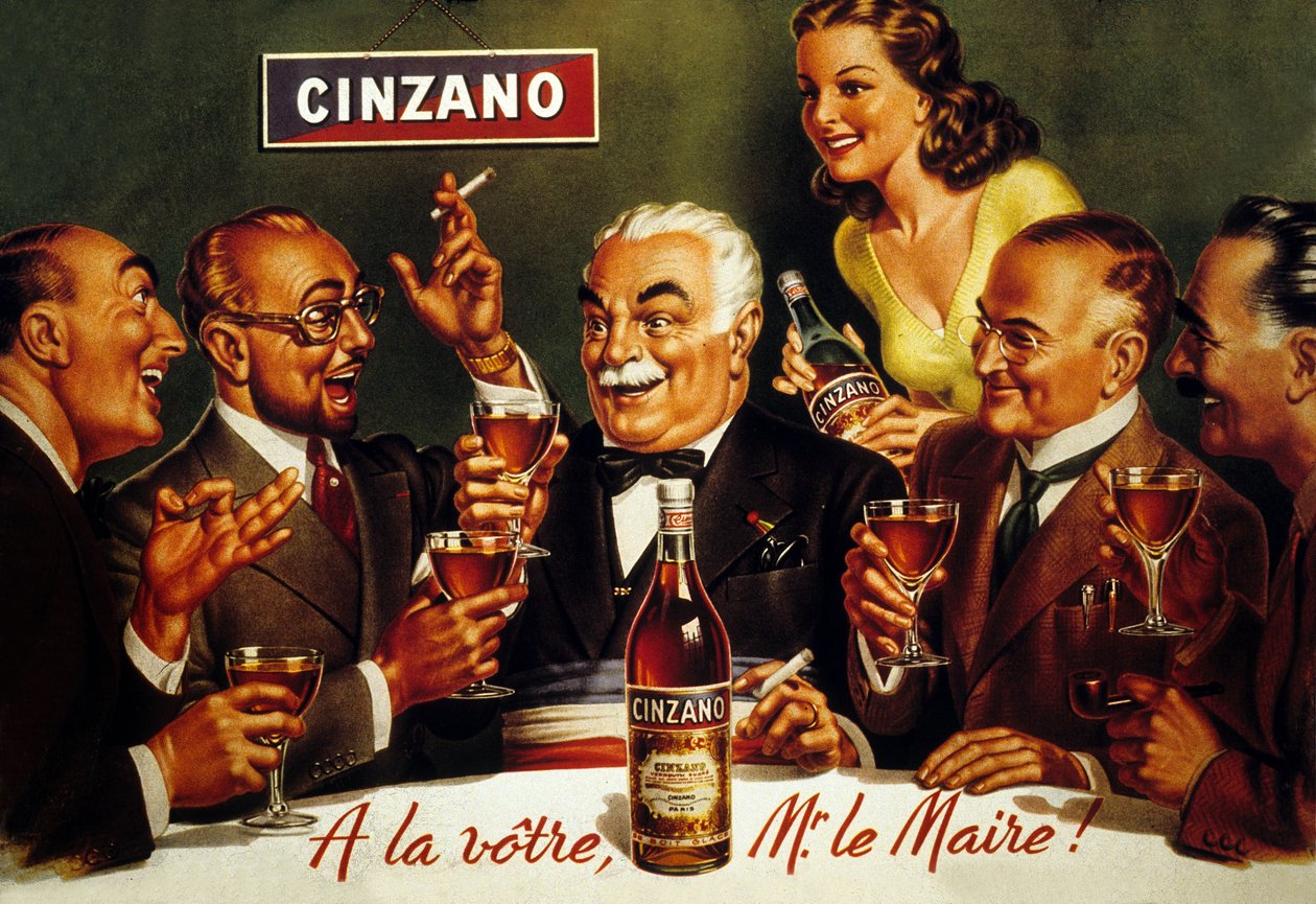 Mainos Cinzano Blancista (värilitho) tekijältä French School