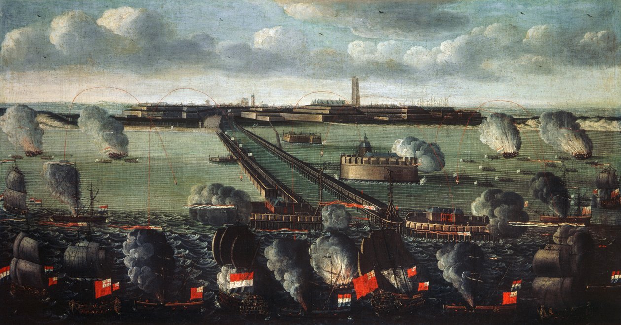 Anglo-hollantilainen laivasto pommittaa Dunkirkiä vuonna 1695 tekijältä French School