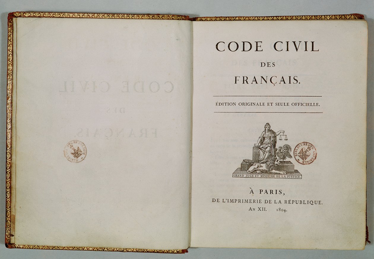 Code Civil, avataan otsikkosivulla, 1804 tekijältä French School