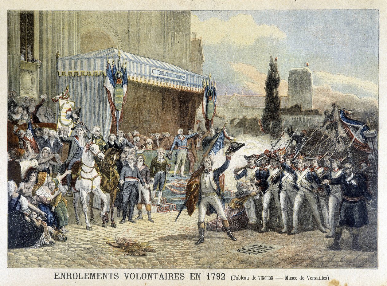 Vapaaehtoisten ilmoittautuminen 1792 (värillinen kaiverrus) tekijältä French School
