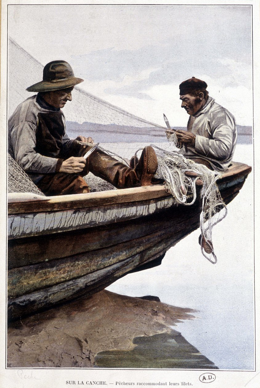 Kalastajat soutumassa aluksella, v. 1895 tekijältä French School