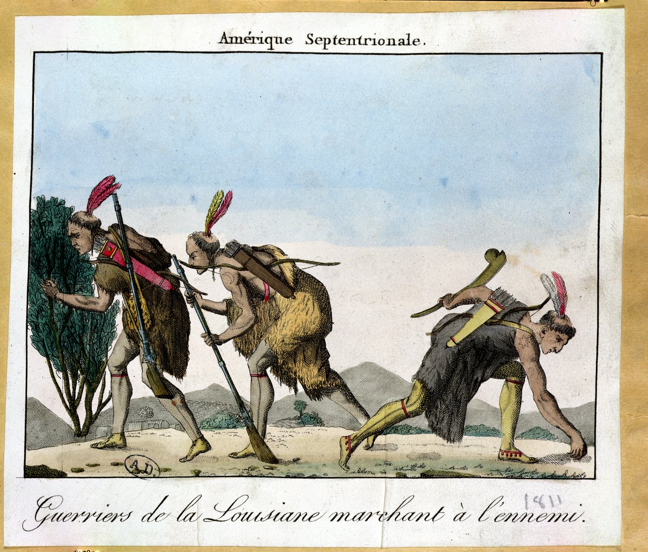 Louisianan intiaanit jäljittelevät vihollistaan, n. 1811 tekijältä French School
