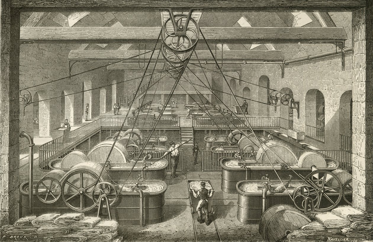 Paperinvalmistus: rievumassan valkaisu. Kaiverrus c1870. tekijältä French School