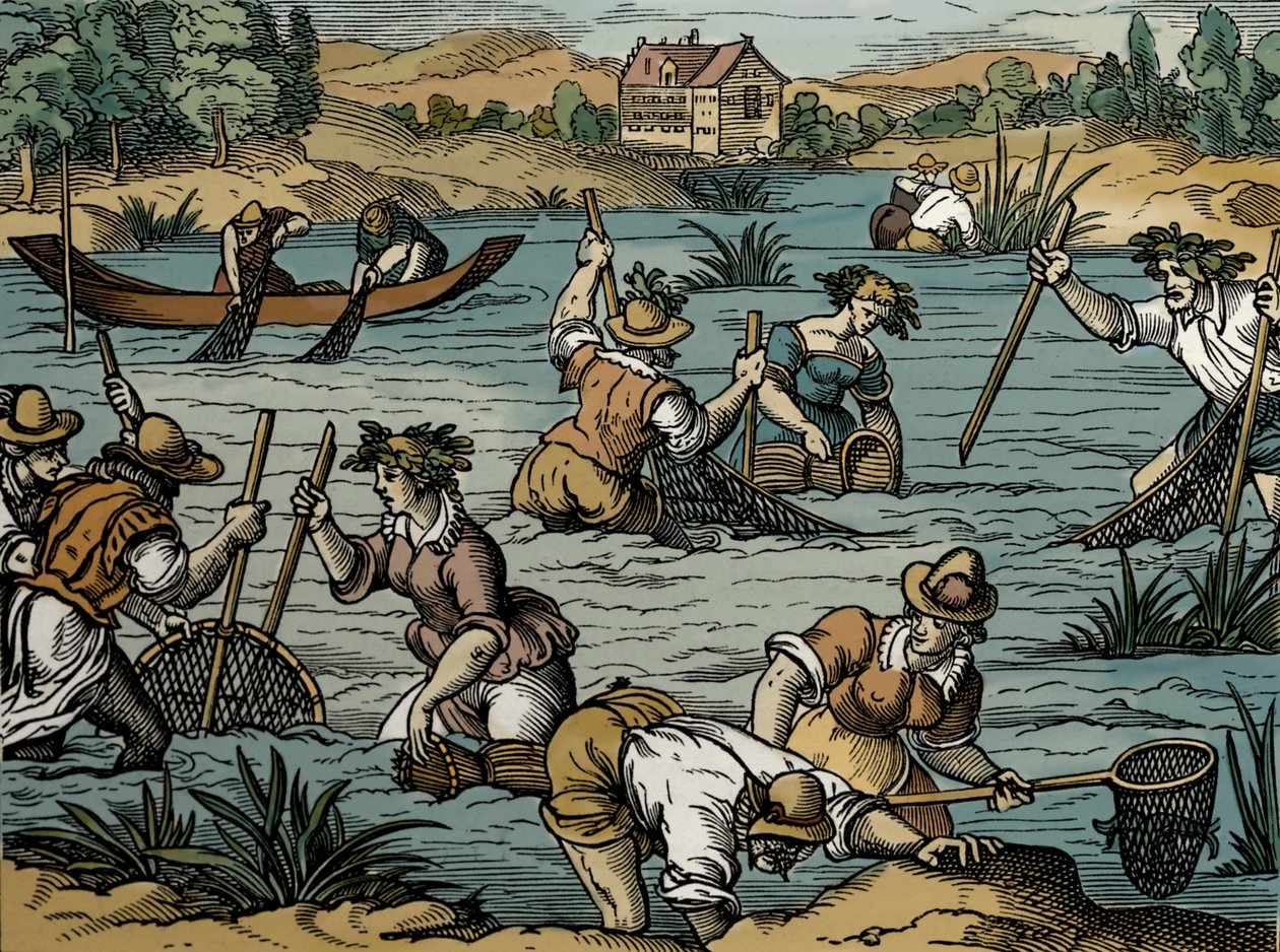 River Fishing, vuodelta 1584 (kaiverrus) tekijältä French School