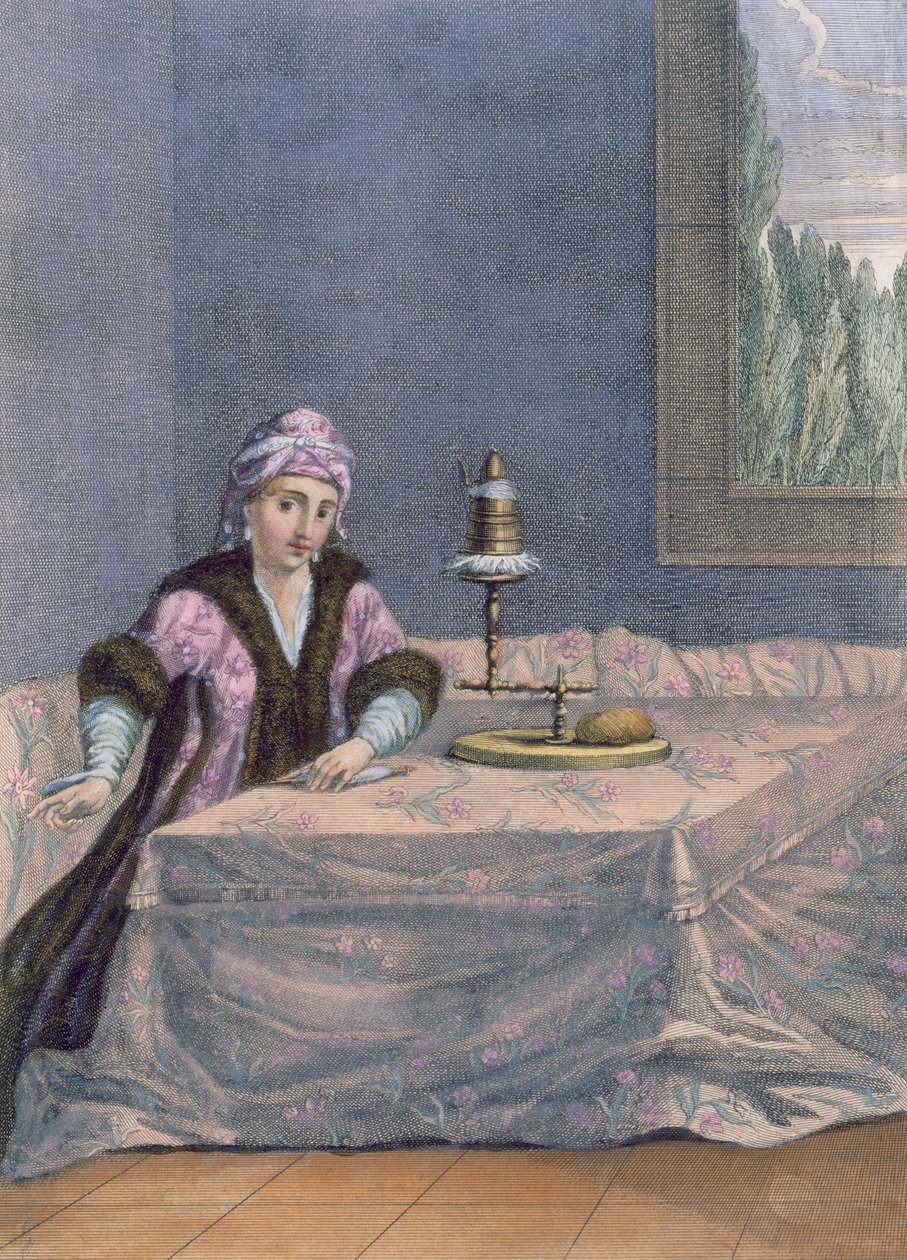 Turkkilainen nainen kehrää lankaa, n.1708 tekijältä French School
